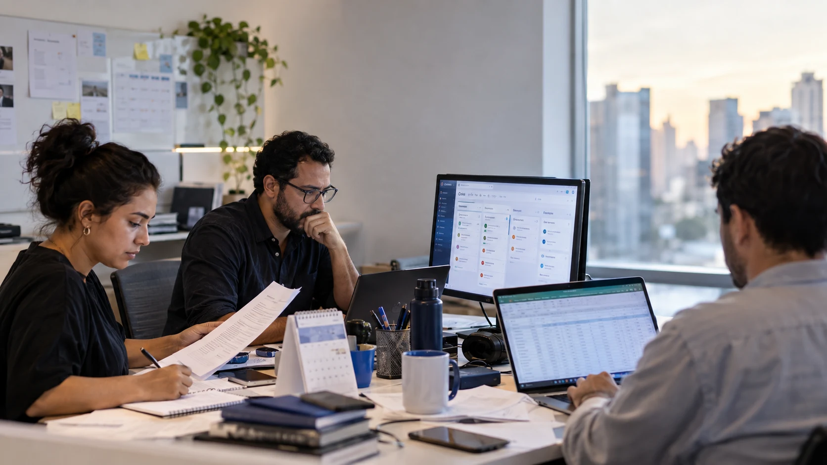 Equipe conferindo informações em planilhas, telas e anotações durante o trabalho